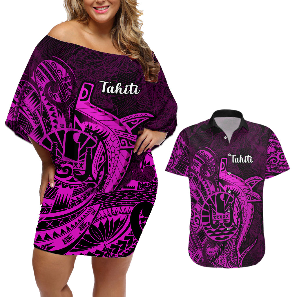 French Polynesia Tahiti Couples Matching Off Shoulder Short Dress and Hawaiian Shirt Polynesian Shark Tattoo With Hibiscus Pink Version LT14 Pink - Polynesian Pride