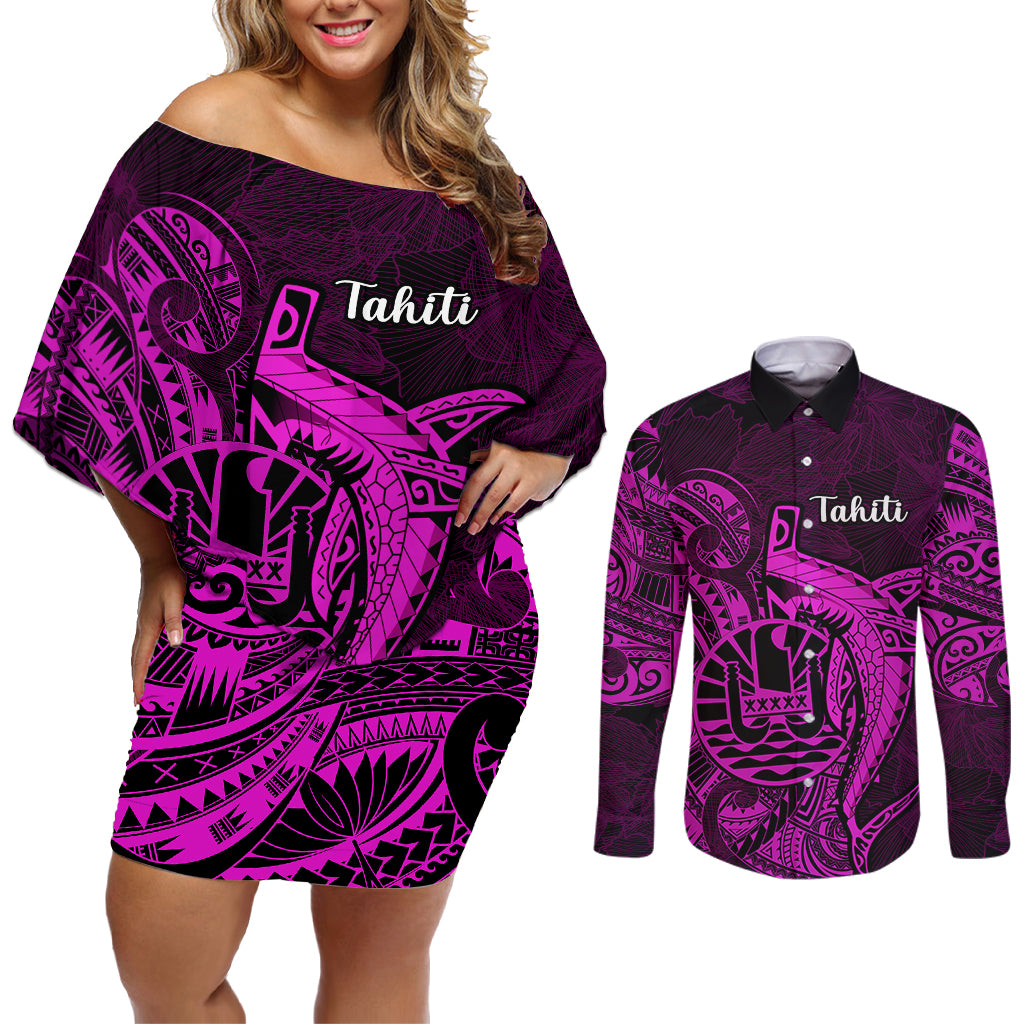 French Polynesia Tahiti Couples Matching Off Shoulder Short Dress and Long Sleeve Button Shirts Polynesian Shark Tattoo With Hibiscus Pink Version LT14 Pink - Polynesian Pride