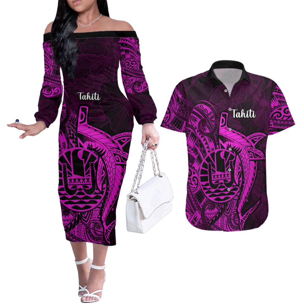 French Polynesia Tahiti Couples Matching Off The Shoulder Long Sleeve Dress and Hawaiian Shirt Polynesian Shark Tattoo With Hibiscus Pink Version LT14 Pink - Polynesian Pride