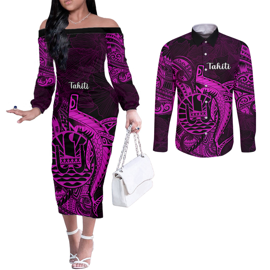 French Polynesia Tahiti Couples Matching Off The Shoulder Long Sleeve Dress and Long Sleeve Button Shirts Polynesian Shark Tattoo With Hibiscus Pink Version LT14 Pink - Polynesian Pride