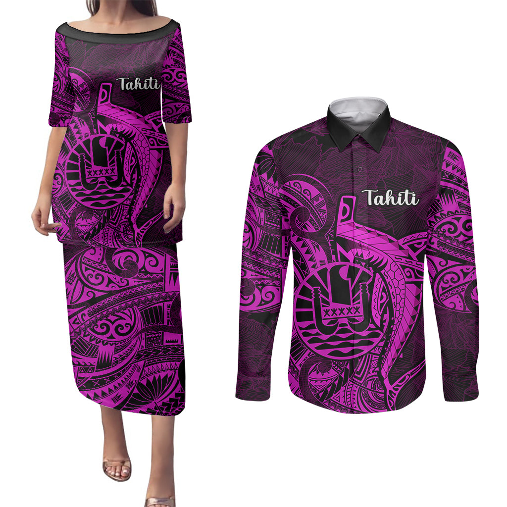 French Polynesia Tahiti Couples Matching Puletasi Dress and Long Sleeve Button Shirts Polynesian Shark Tattoo With Hibiscus Pink Version LT14 Pink - Polynesian Pride