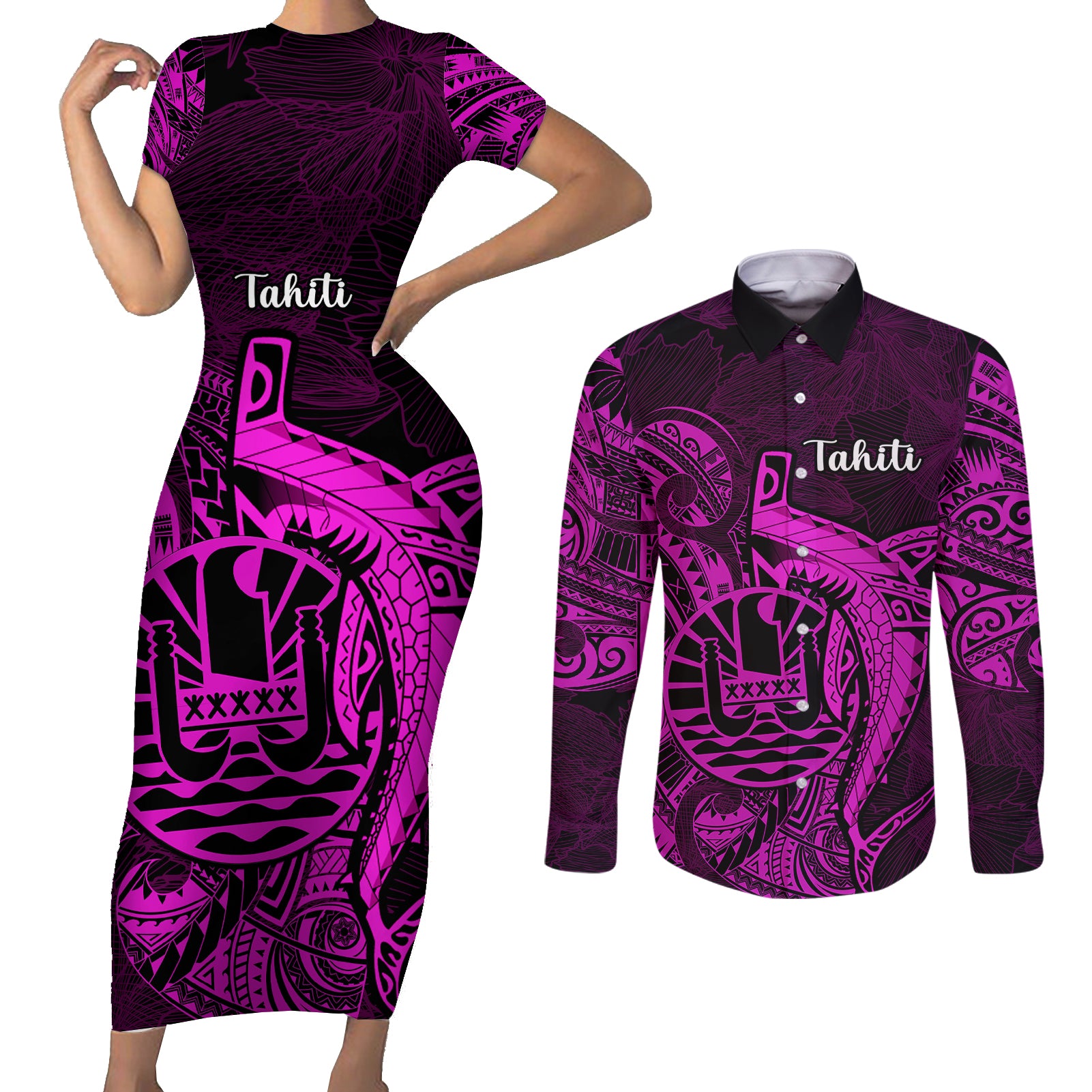 French Polynesia Tahiti Couples Matching Short Sleeve Bodycon Dress and Long Sleeve Button Shirts Polynesian Shark Tattoo With Hibiscus Pink Version LT14 Pink - Polynesian Pride