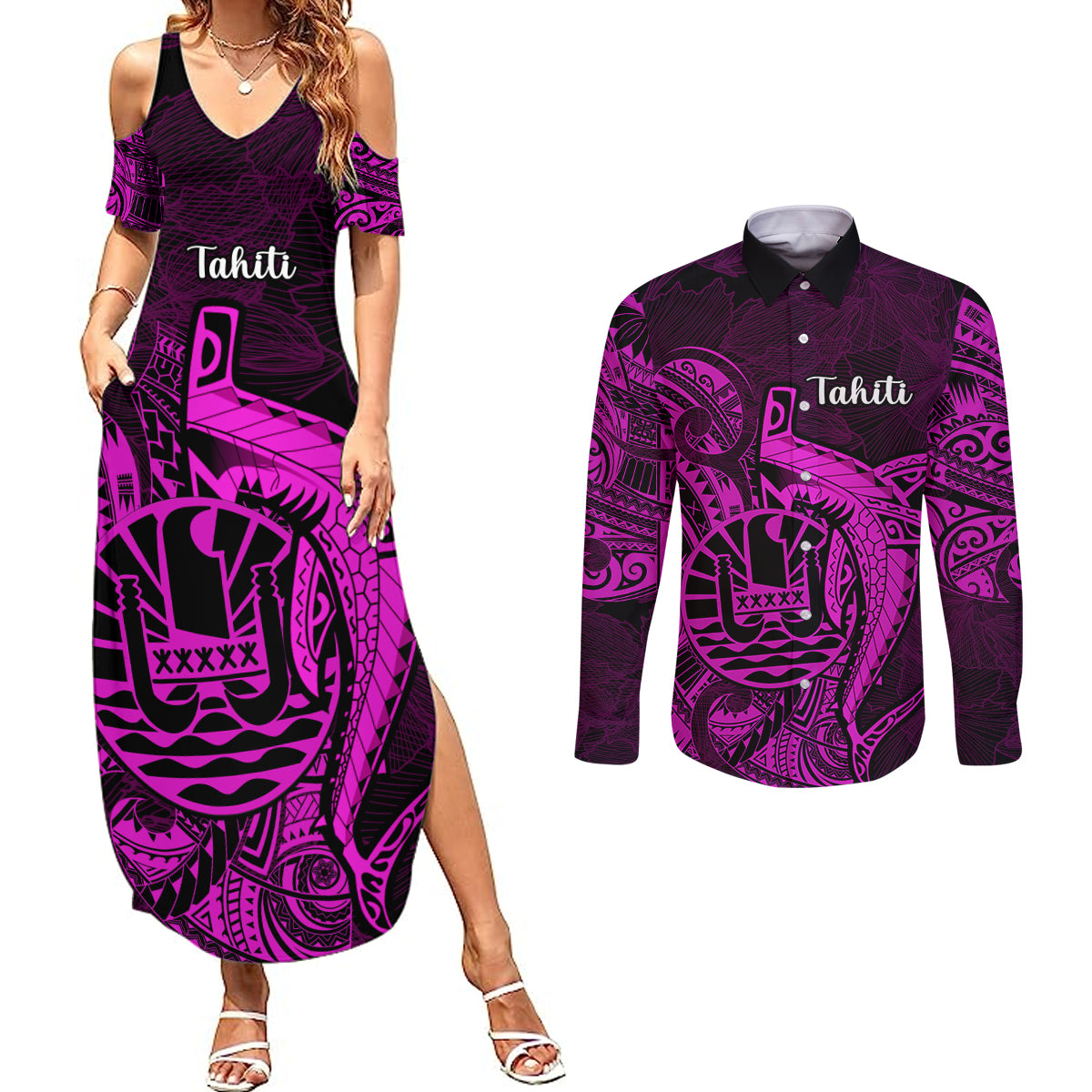 French Polynesia Tahiti Couples Matching Summer Maxi Dress and Long Sleeve Button Shirts Polynesian Shark Tattoo With Hibiscus Pink Version LT14 Pink - Polynesian Pride