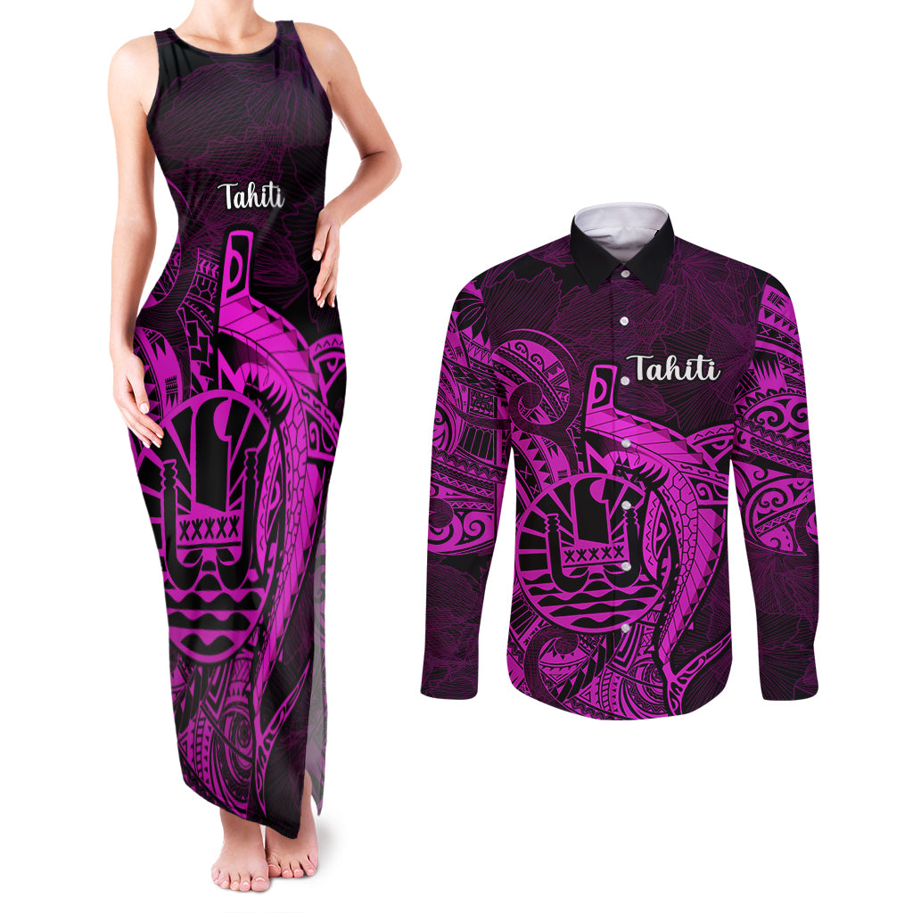 French Polynesia Tahiti Couples Matching Tank Maxi Dress and Long Sleeve Button Shirts Polynesian Shark Tattoo With Hibiscus Pink Version LT14 Pink - Polynesian Pride