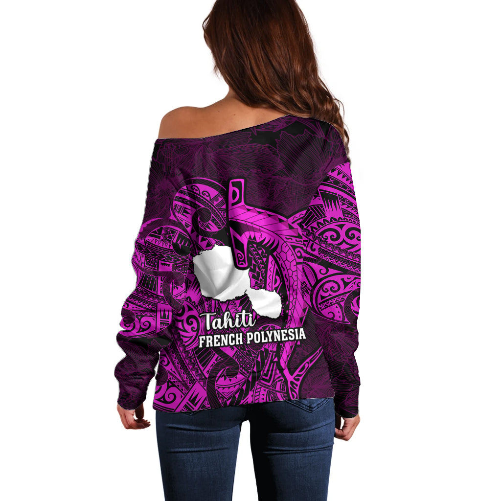 French Polynesia Tahiti Off Shoulder Sweater Polynesian Shark Tattoo With Hibiscus Pink Version LT14 - Polynesian Pride