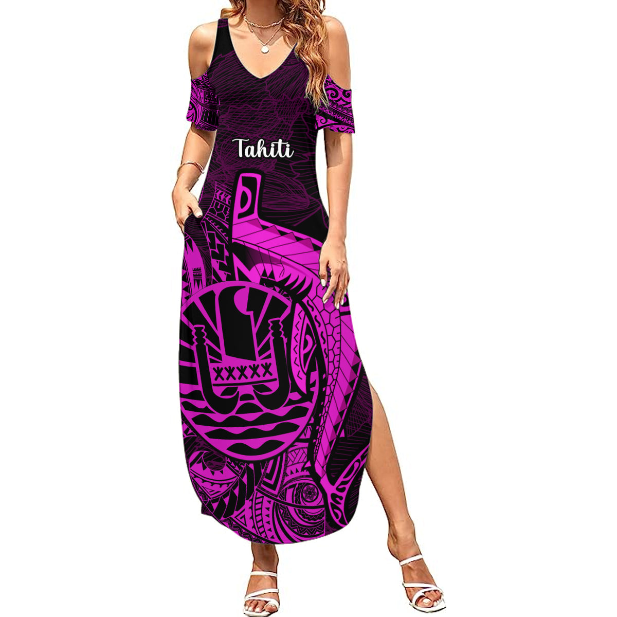 French Polynesia Tahiti Summer Maxi Dress Polynesian Shark Tattoo With Hibiscus Pink Version LT14 Women Pink - Polynesian Pride