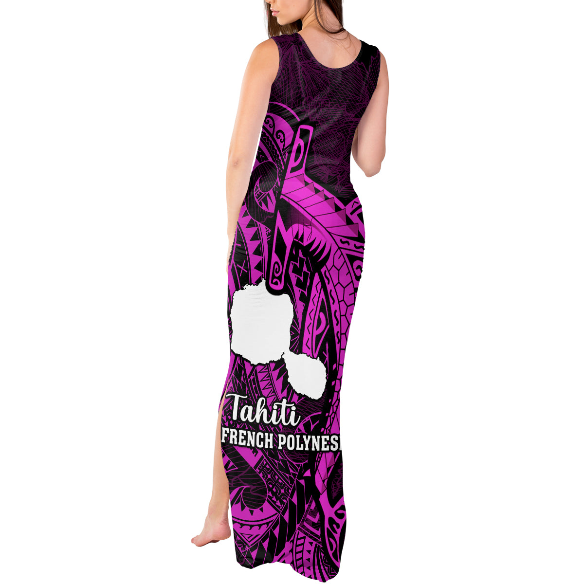 French Polynesia Tahiti Tank Maxi Dress Polynesian Shark Tattoo With Hibiscus Pink Version LT14 - Polynesian Pride