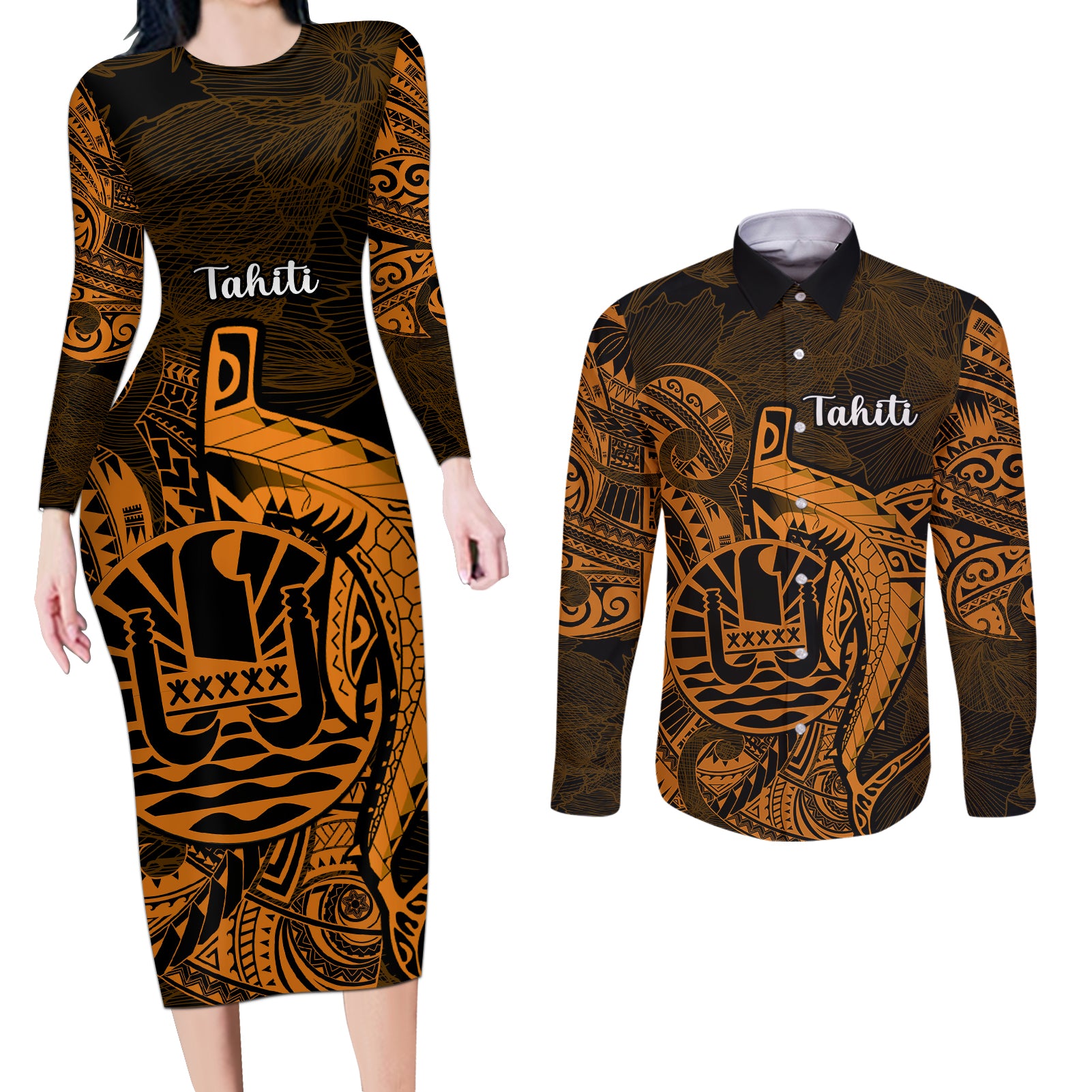 French Polynesia Tahiti Couples Matching Long Sleeve Bodycon Dress and Long Sleeve Button Shirts Polynesian Shark Tattoo With Hibiscus Red Version LT14 Gold - Polynesian Pride