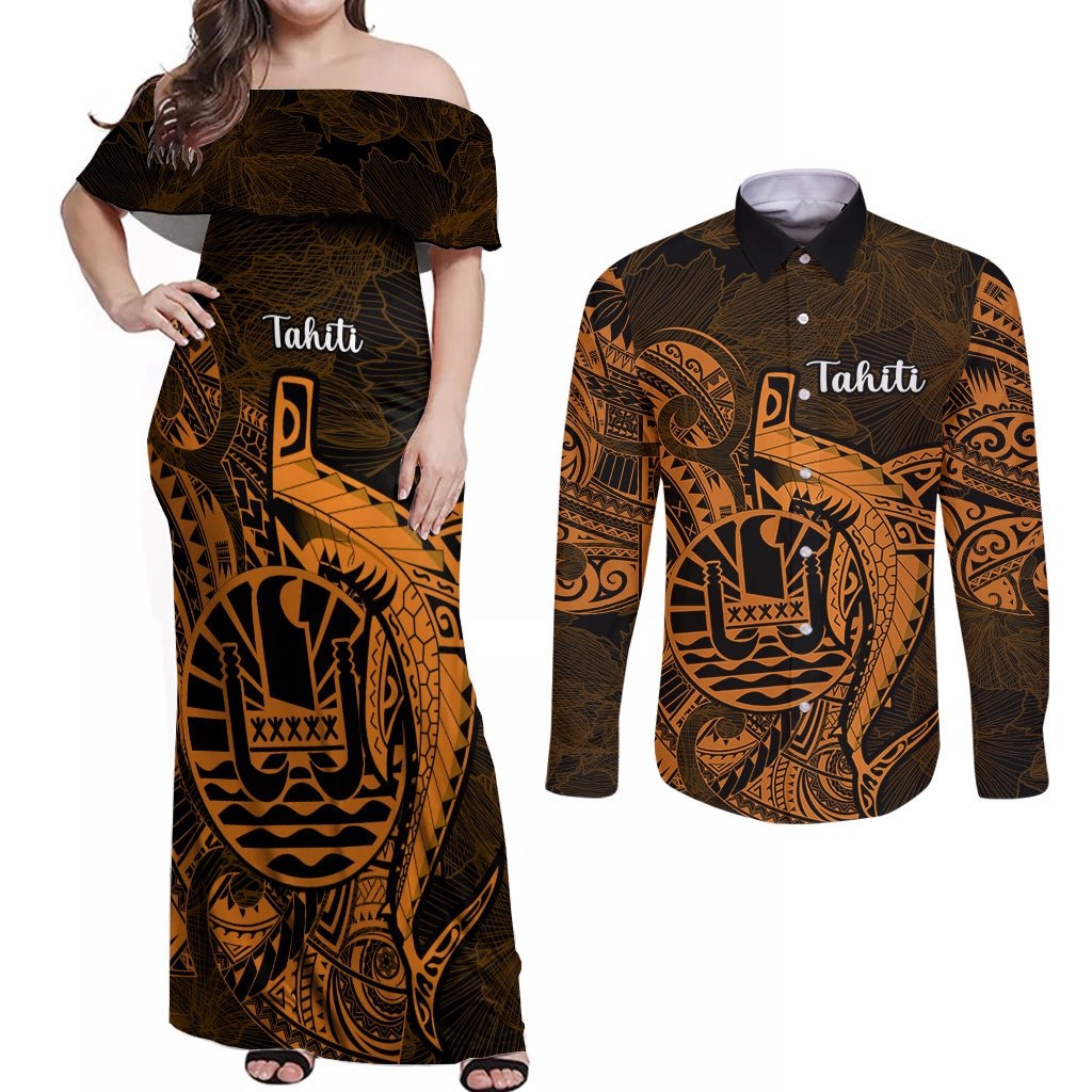 French Polynesia Tahiti Couples Matching Off Shoulder Maxi Dress and Long Sleeve Button Shirts Polynesian Shark Tattoo With Hibiscus Red Version LT14 Gold - Polynesian Pride