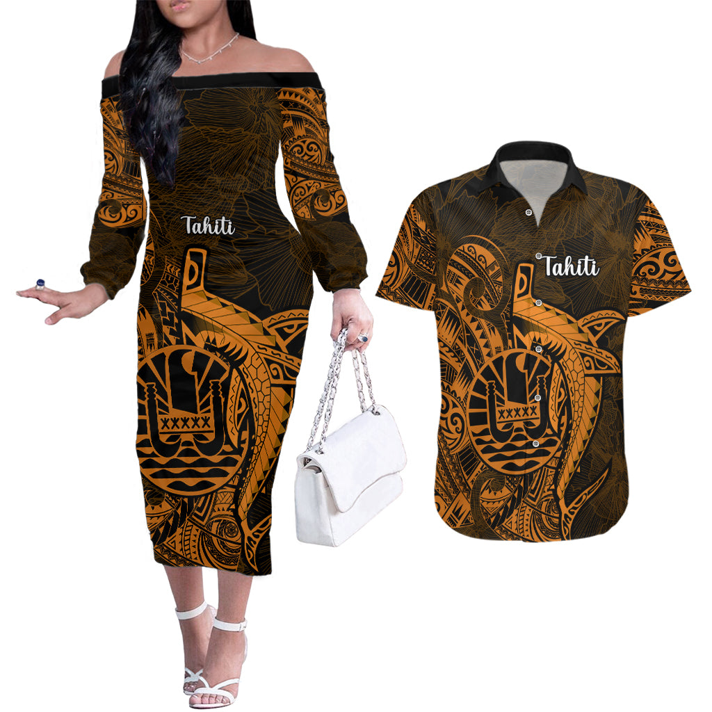 French Polynesia Tahiti Couples Matching Off The Shoulder Long Sleeve Dress and Hawaiian Shirt Polynesian Shark Tattoo With Hibiscus Red Version LT14 Gold - Polynesian Pride
