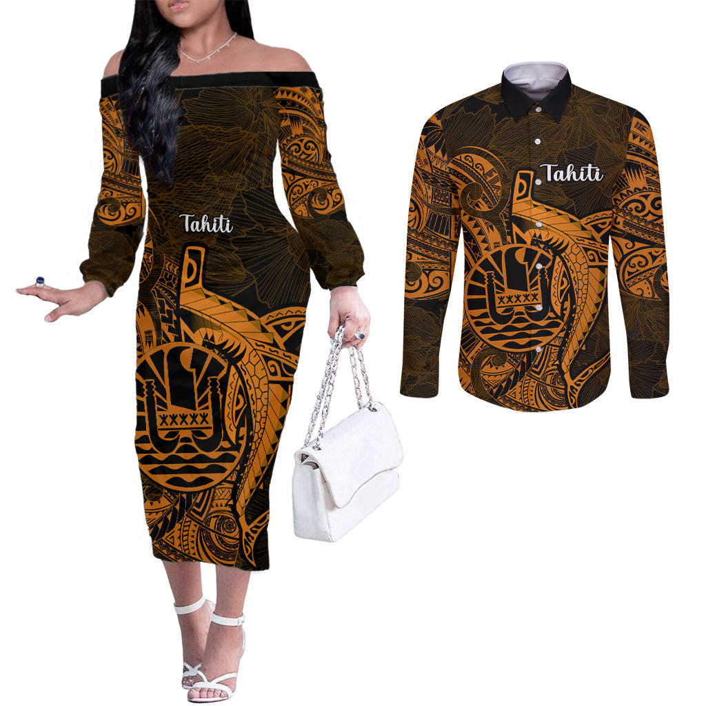 French Polynesia Tahiti Couples Matching Off The Shoulder Long Sleeve Dress and Long Sleeve Button Shirts Polynesian Shark Tattoo With Hibiscus Red Version LT14 Gold - Polynesian Pride