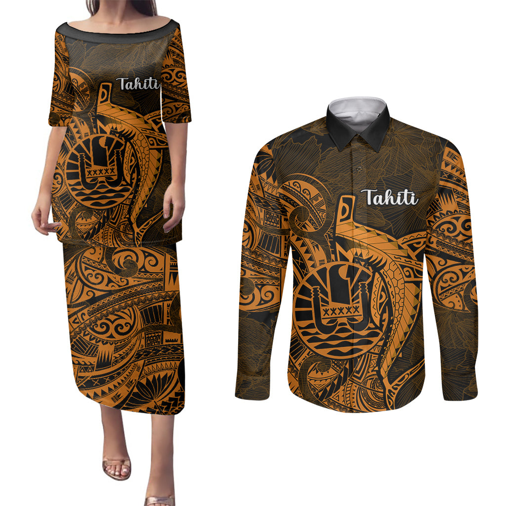 French Polynesia Tahiti Couples Matching Puletasi Dress and Long Sleeve Button Shirts Polynesian Shark Tattoo With Hibiscus Red Version LT14 Gold - Polynesian Pride