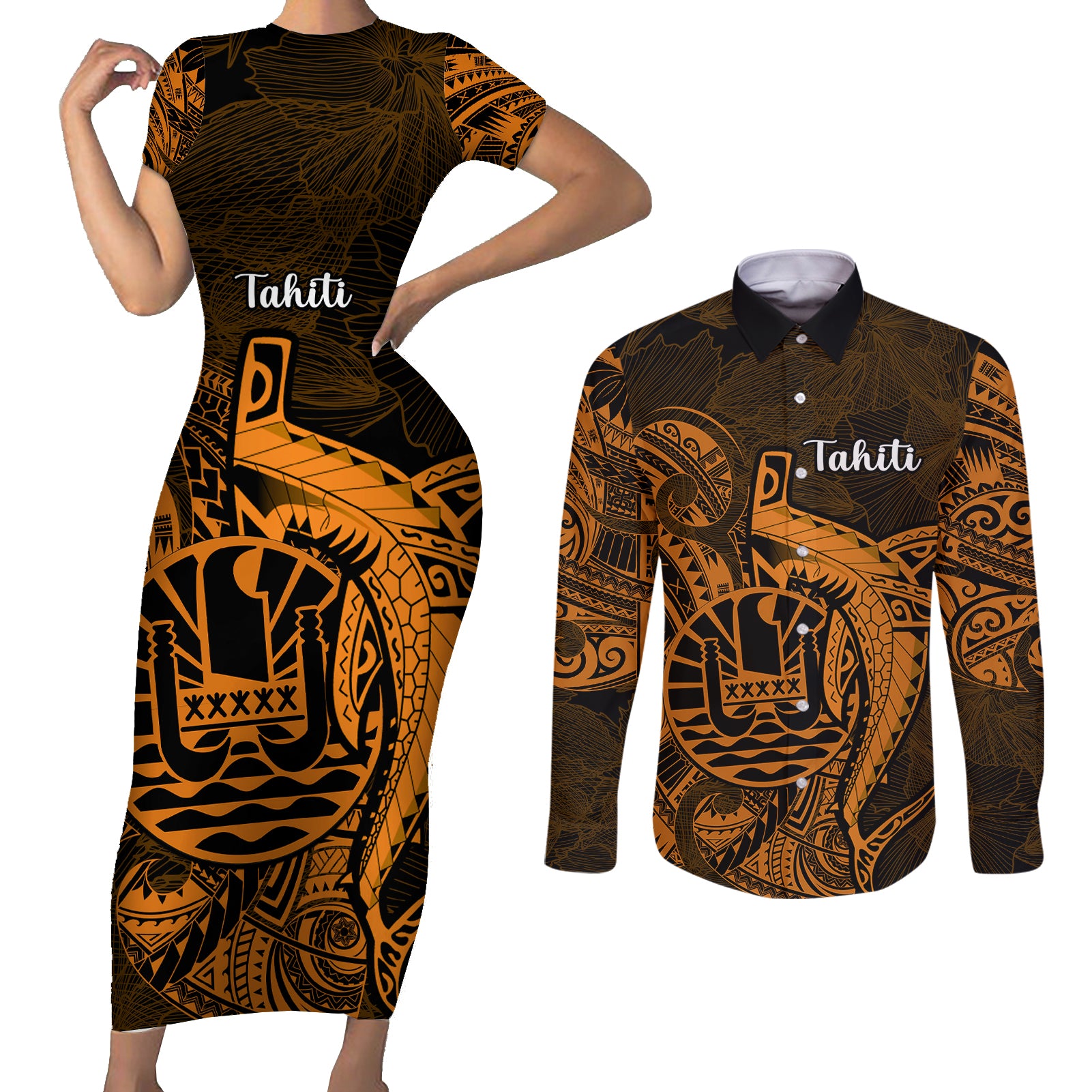 French Polynesia Tahiti Couples Matching Short Sleeve Bodycon Dress and Long Sleeve Button Shirts Polynesian Shark Tattoo With Hibiscus Red Version LT14 Gold - Polynesian Pride