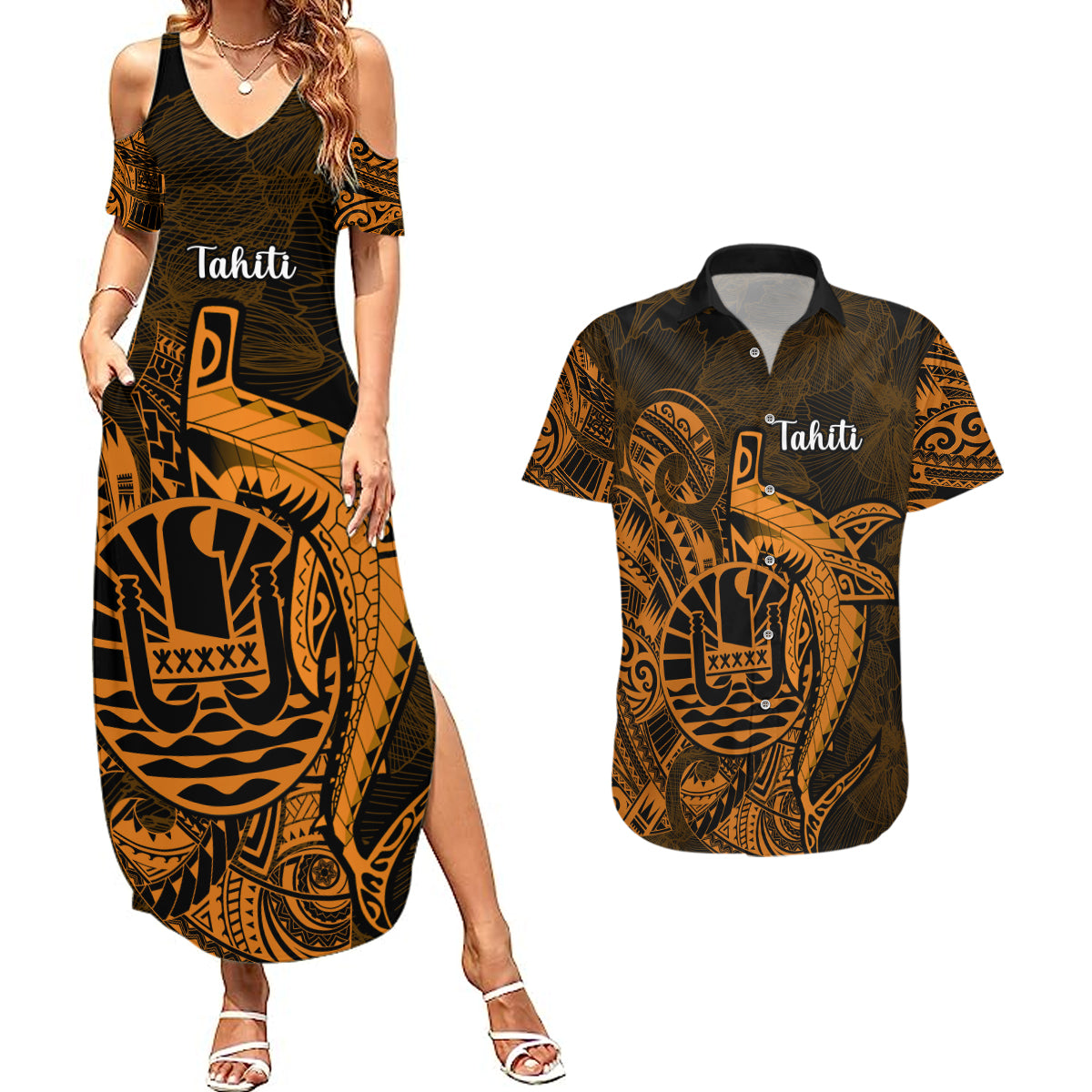 French Polynesia Tahiti Couples Matching Summer Maxi Dress and Hawaiian Shirt Polynesian Shark Tattoo With Hibiscus Red Version LT14 Gold - Polynesian Pride