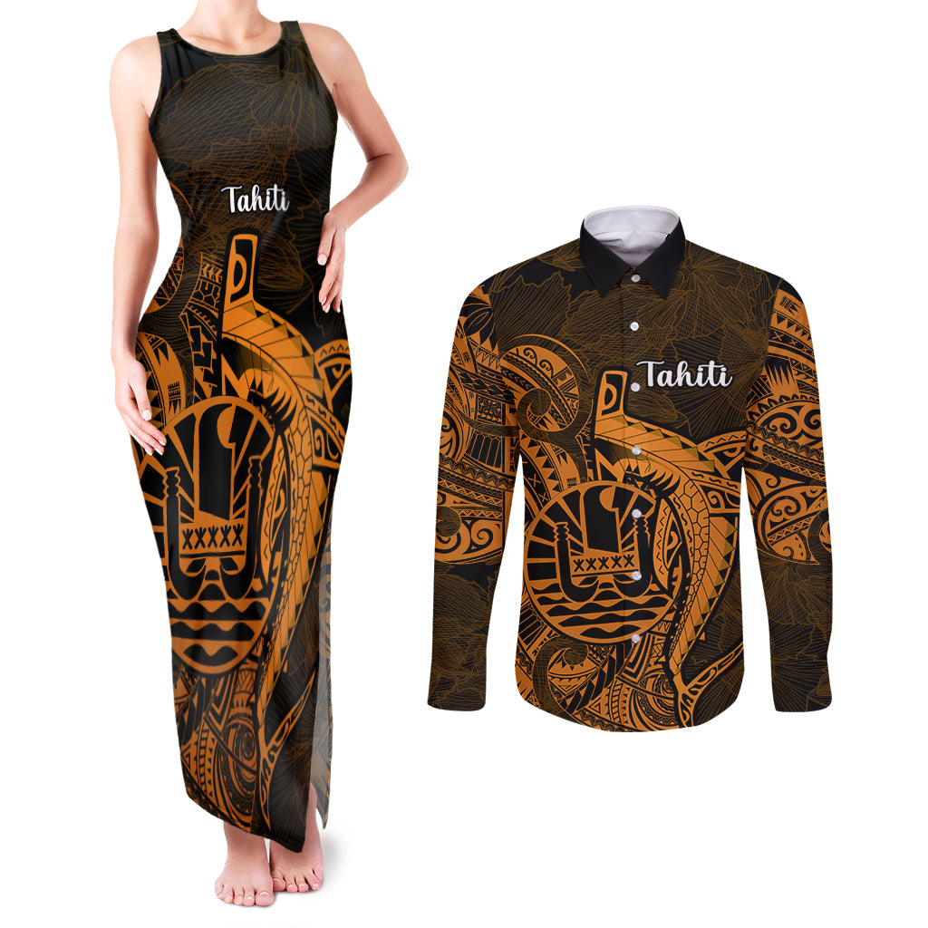 French Polynesia Tahiti Couples Matching Tank Maxi Dress and Long Sleeve Button Shirts Polynesian Shark Tattoo With Hibiscus Red Version LT14 Gold - Polynesian Pride
