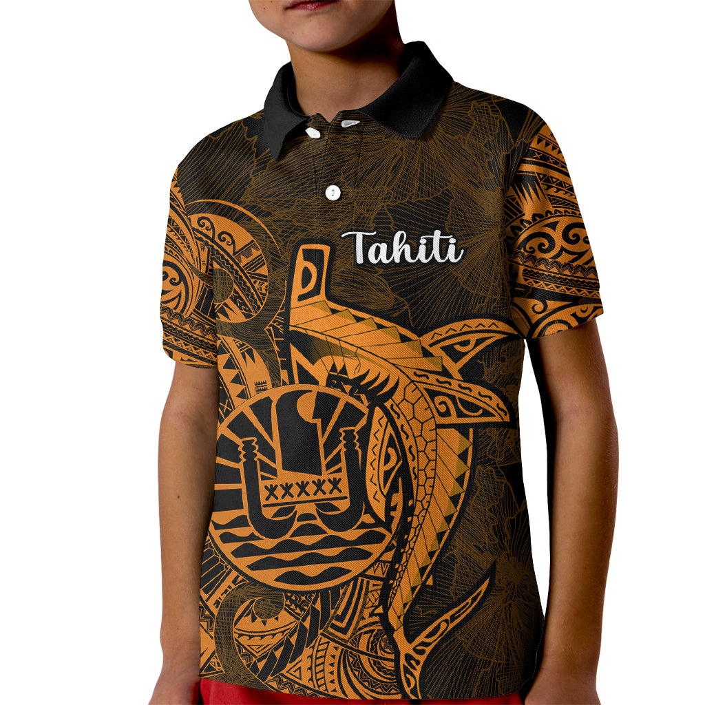 French Polynesia Tahiti Kid Polo Shirt Polynesian Shark Tattoo With Hibiscus Red Version LT14 Kid Gold - Polynesian Pride