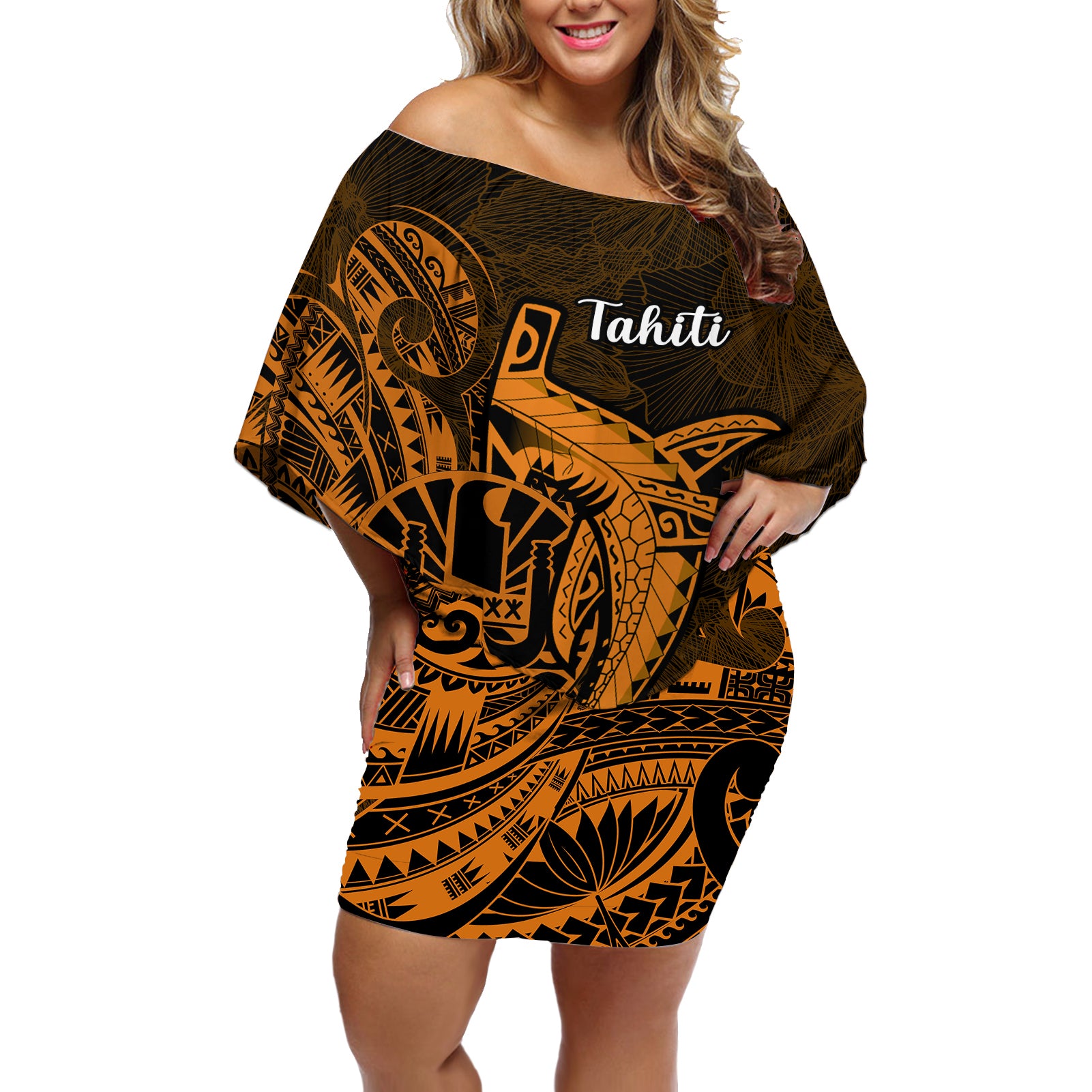 French Polynesia Tahiti Off Shoulder Short Dress Polynesian Shark Tattoo With Hibiscus Red Version LT14 Women Gold - Polynesian Pride