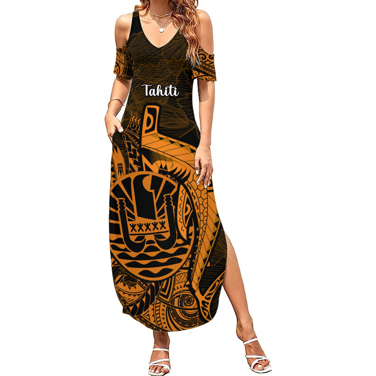 French Polynesia Tahiti Summer Maxi Dress Polynesian Shark Tattoo With Hibiscus Red Version LT14 Women Gold - Polynesian Pride
