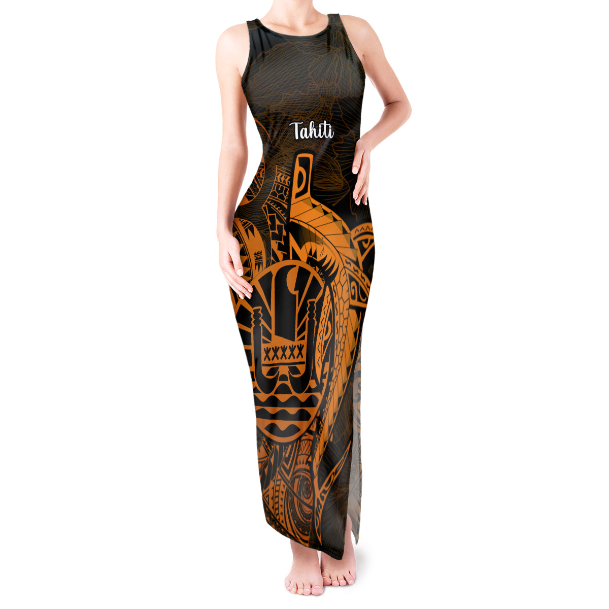 French Polynesia Tahiti Tank Maxi Dress Polynesian Shark Tattoo With Hibiscus Red Version LT14 Women Gold - Polynesian Pride