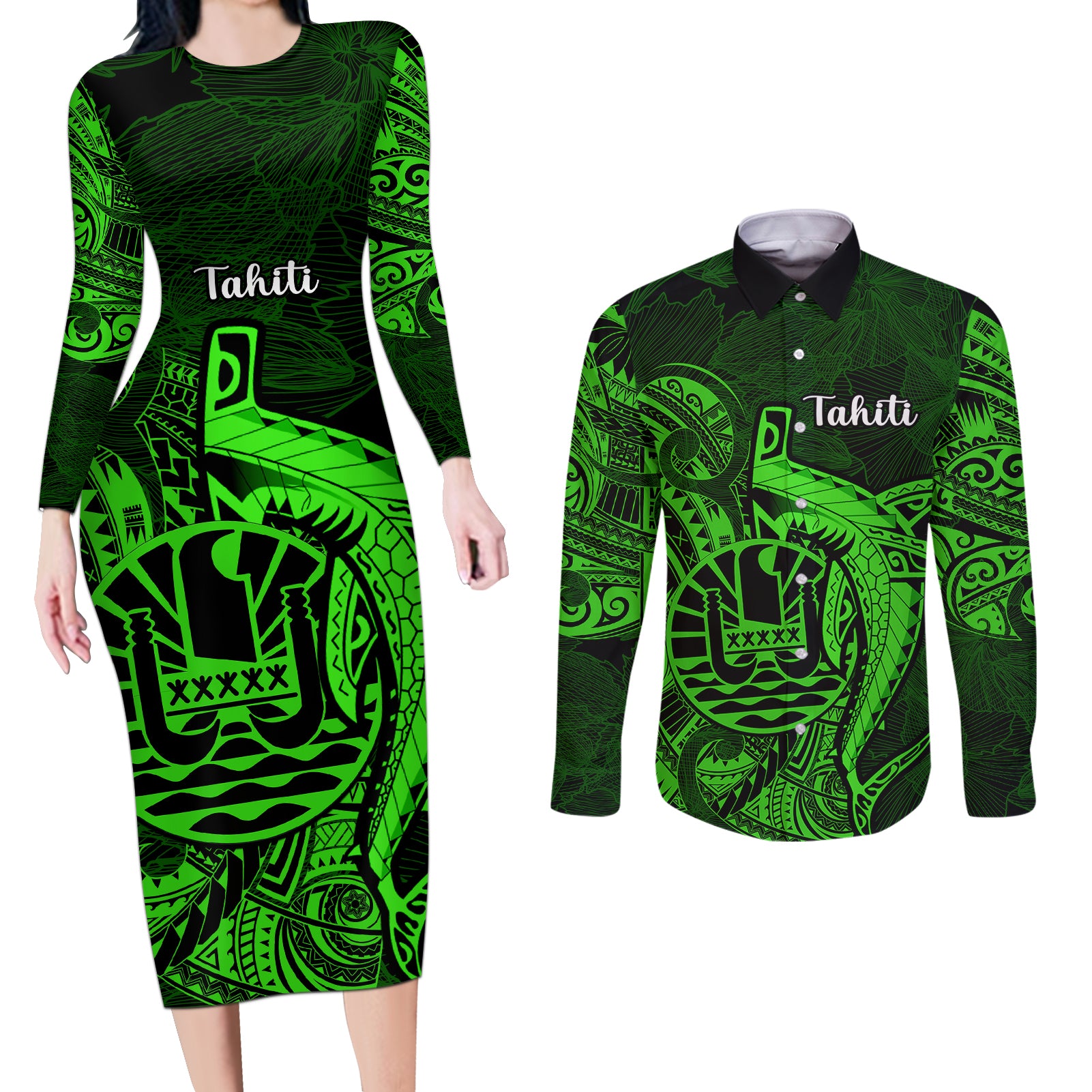 French Polynesia Tahiti Couples Matching Long Sleeve Bodycon Dress and Long Sleeve Button Shirts Polynesian Shark Tattoo With Hibiscus Green Version LT14 Green - Polynesian Pride