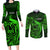 French Polynesia Tahiti Couples Matching Long Sleeve Bodycon Dress and Long Sleeve Button Shirts Polynesian Shark Tattoo With Hibiscus Green Version LT14 Green - Polynesian Pride