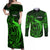 French Polynesia Tahiti Couples Matching Off Shoulder Maxi Dress and Long Sleeve Button Shirts Polynesian Shark Tattoo With Hibiscus Green Version LT14 Green - Polynesian Pride