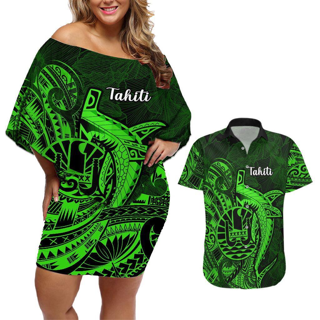 French Polynesia Tahiti Couples Matching Off Shoulder Short Dress and Hawaiian Shirt Polynesian Shark Tattoo With Hibiscus Green Version LT14 Green - Polynesian Pride