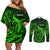 French Polynesia Tahiti Couples Matching Off Shoulder Short Dress and Long Sleeve Button Shirts Polynesian Shark Tattoo With Hibiscus Green Version LT14 Green - Polynesian Pride