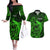 French Polynesia Tahiti Couples Matching Off The Shoulder Long Sleeve Dress and Hawaiian Shirt Polynesian Shark Tattoo With Hibiscus Green Version LT14 Green - Polynesian Pride