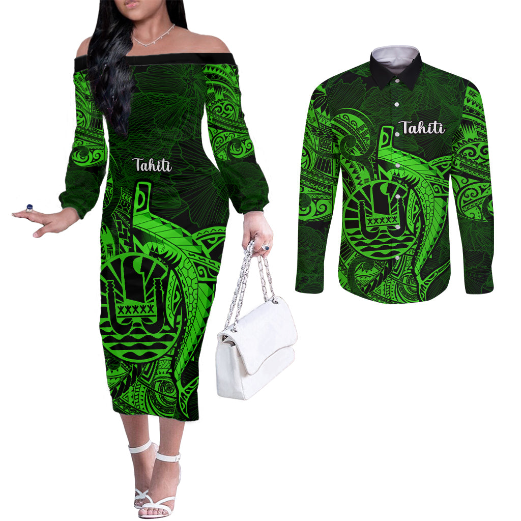 French Polynesia Tahiti Couples Matching Off The Shoulder Long Sleeve Dress and Long Sleeve Button Shirts Polynesian Shark Tattoo With Hibiscus Green Version LT14 Green - Polynesian Pride
