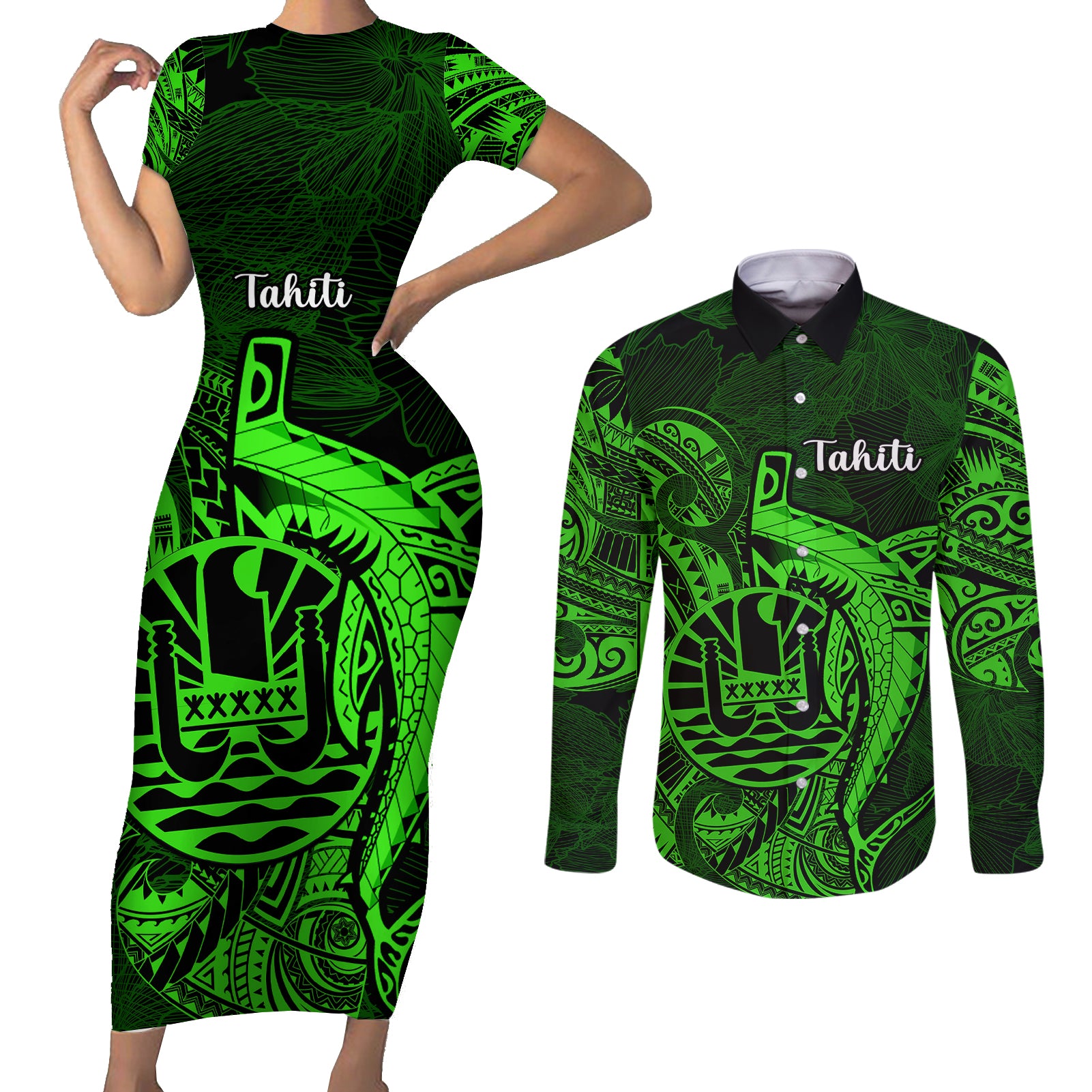 French Polynesia Tahiti Couples Matching Short Sleeve Bodycon Dress and Long Sleeve Button Shirts Polynesian Shark Tattoo With Hibiscus Green Version LT14 Green - Polynesian Pride