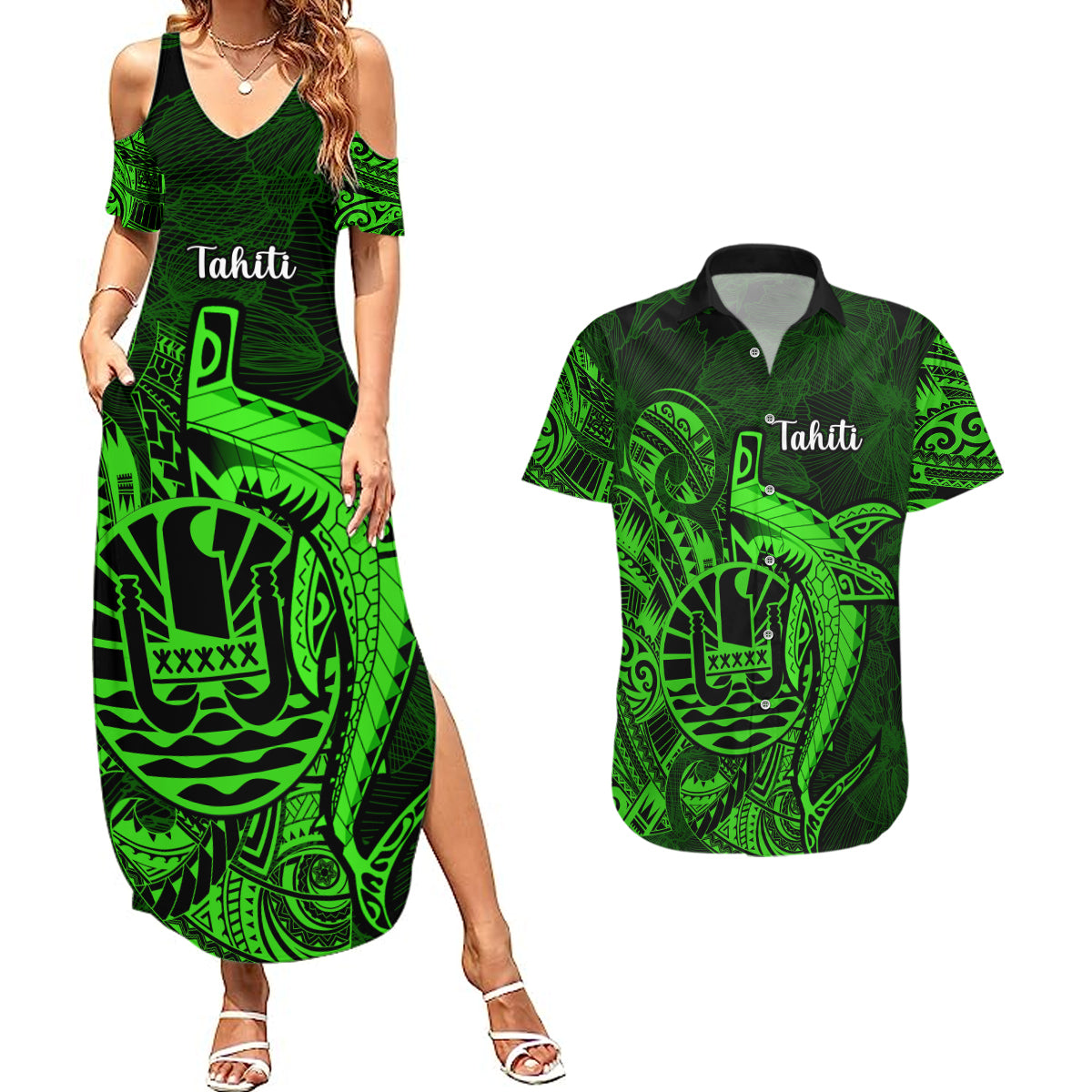 French Polynesia Tahiti Couples Matching Summer Maxi Dress and Hawaiian Shirt Polynesian Shark Tattoo With Hibiscus Green Version LT14 Green - Polynesian Pride