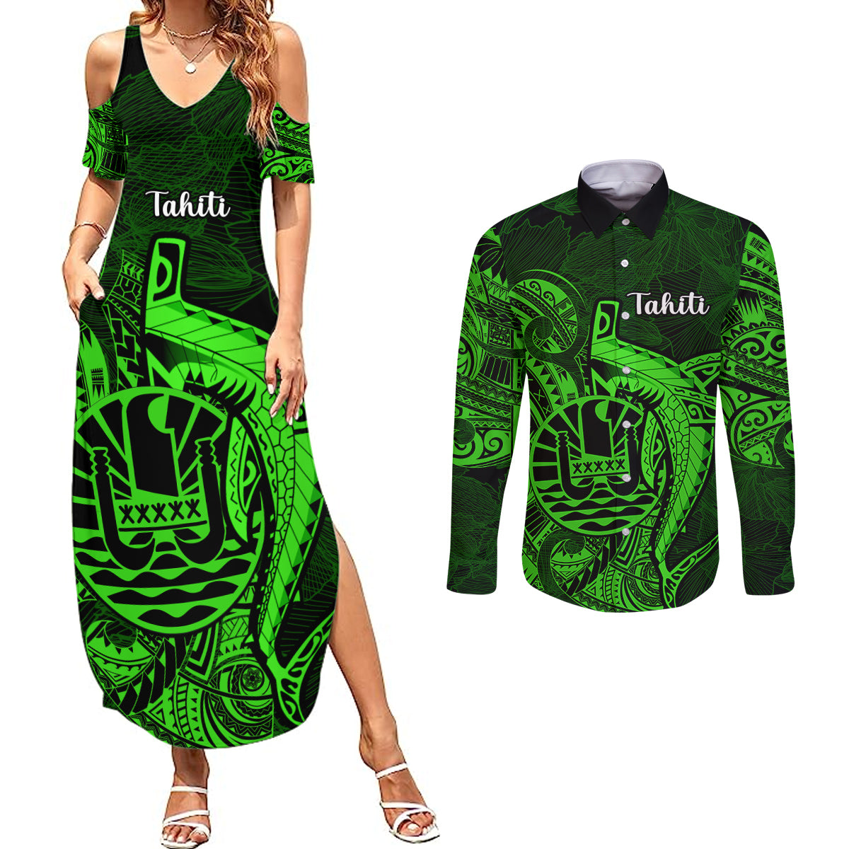 French Polynesia Tahiti Couples Matching Summer Maxi Dress and Long Sleeve Button Shirts Polynesian Shark Tattoo With Hibiscus Green Version LT14 Green - Polynesian Pride