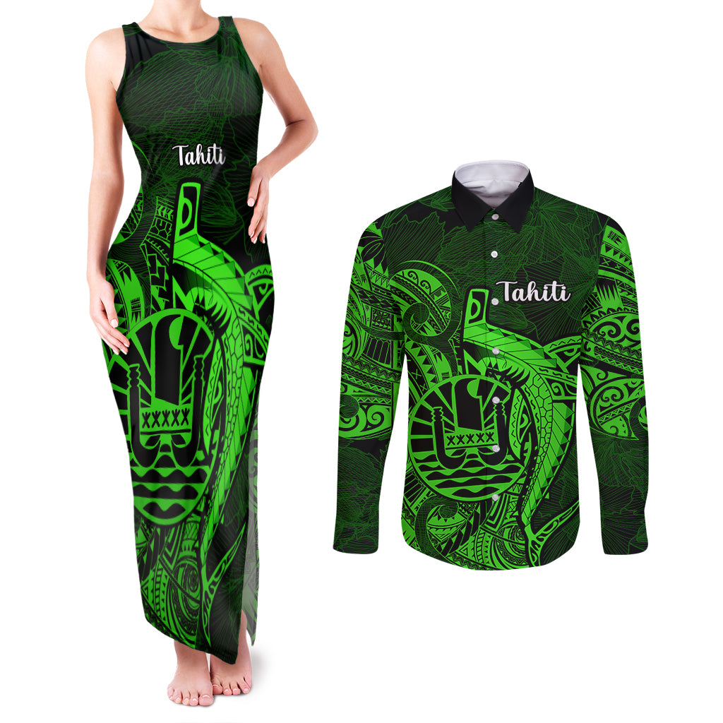 French Polynesia Tahiti Couples Matching Tank Maxi Dress and Long Sleeve Button Shirts Polynesian Shark Tattoo With Hibiscus Green Version LT14 Green - Polynesian Pride