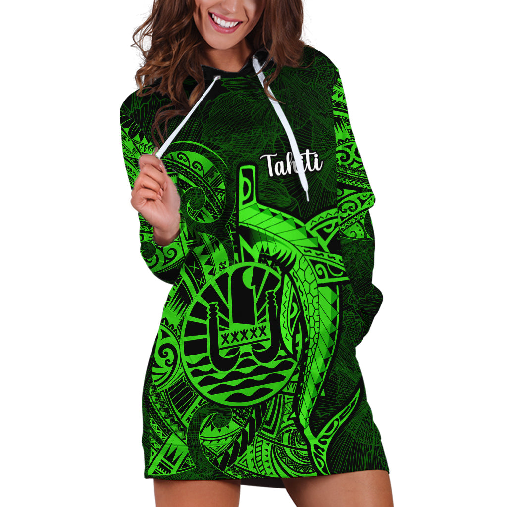 French Polynesia Tahiti Hoodie Dress Polynesian Shark Tattoo With Hibiscus Green Version LT14 Green - Polynesian Pride