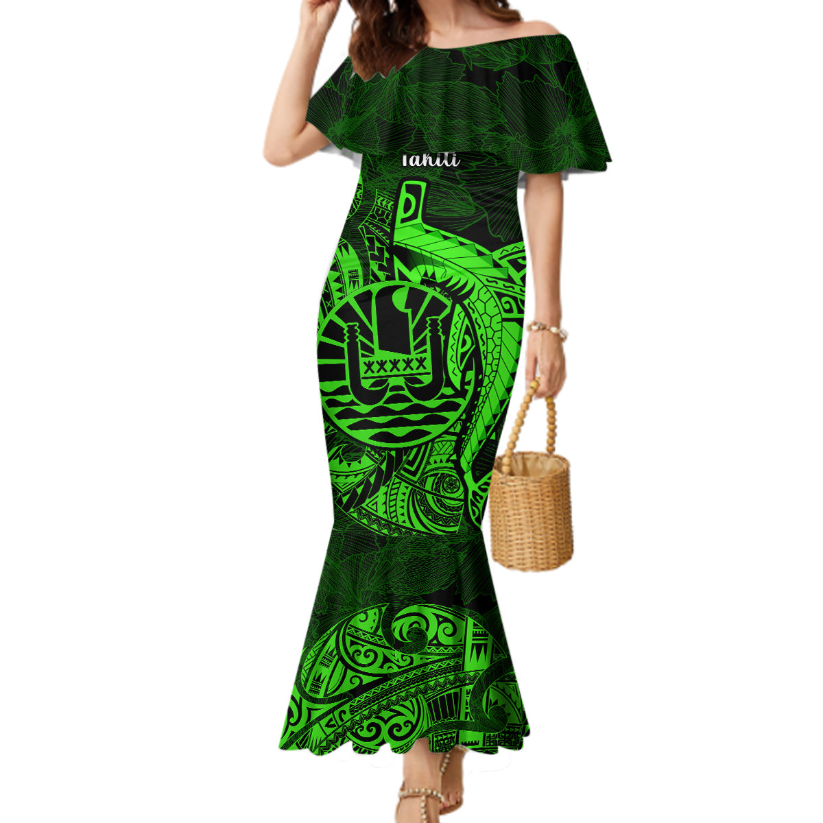 French Polynesia Tahiti Mermaid Dress Polynesian Shark Tattoo With Hibiscus Green Version LT14 Women Green - Polynesian Pride