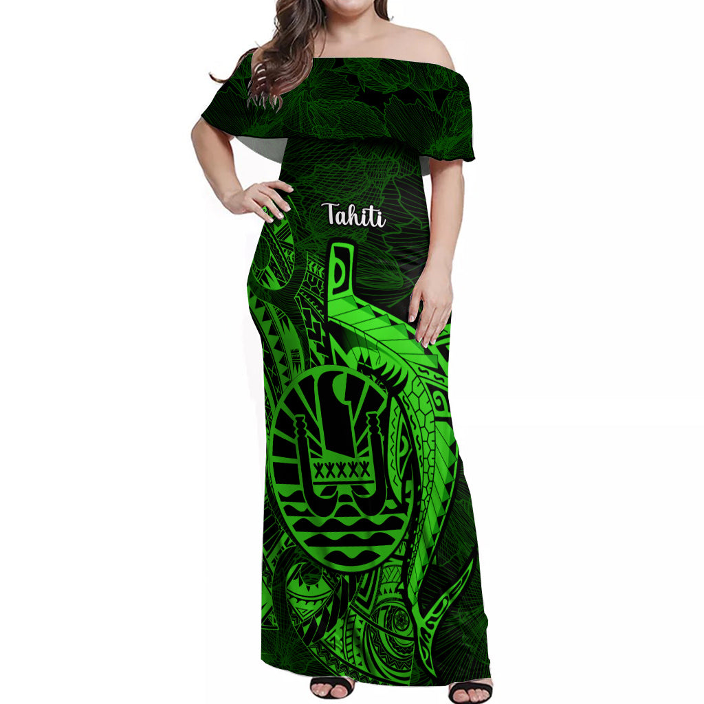 French Polynesia Tahiti Off Shoulder Maxi Dress Polynesian Shark Tattoo With Hibiscus Green Version LT14 Women Green - Polynesian Pride