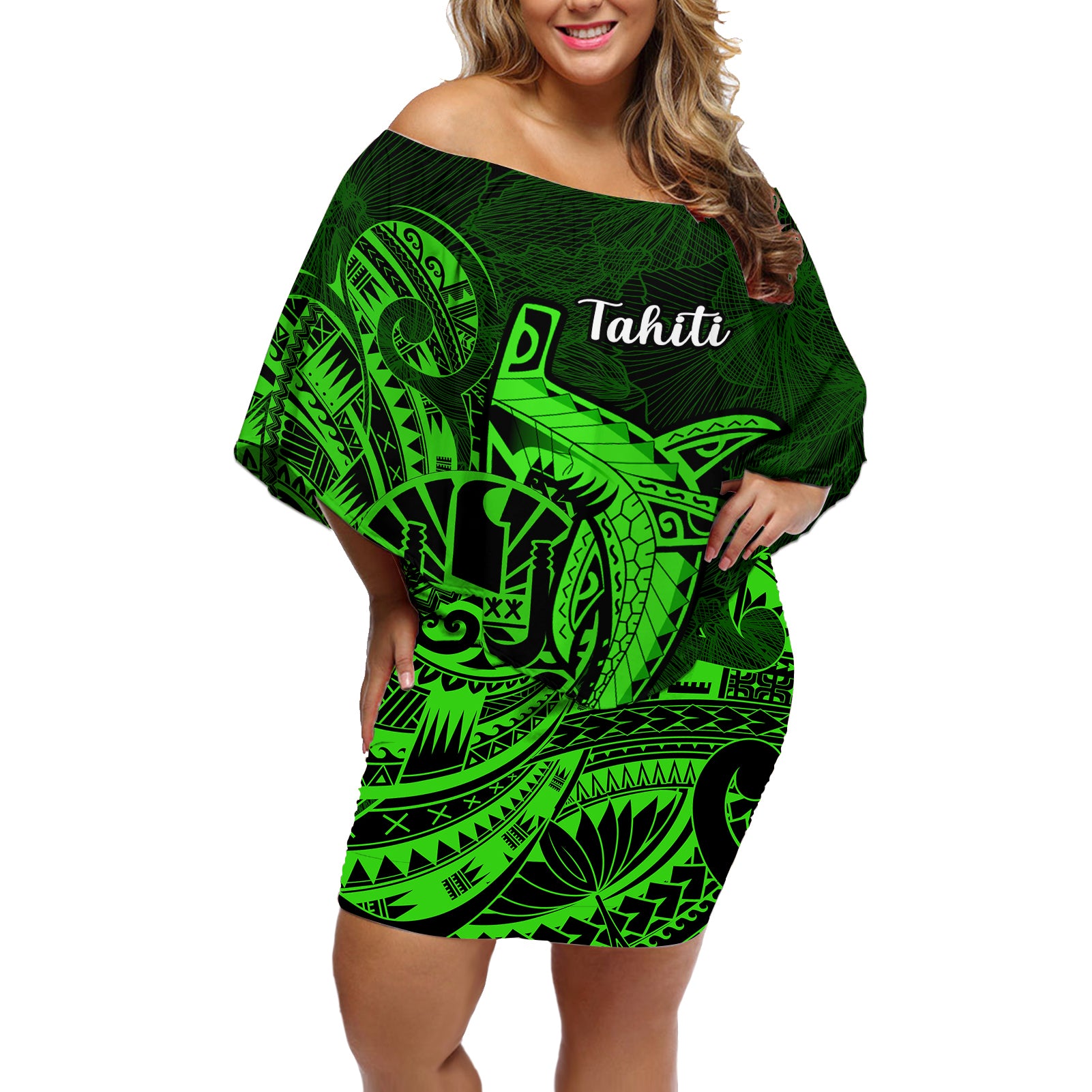 French Polynesia Tahiti Off Shoulder Short Dress Polynesian Shark Tattoo With Hibiscus Green Version LT14 Women Green - Polynesian Pride