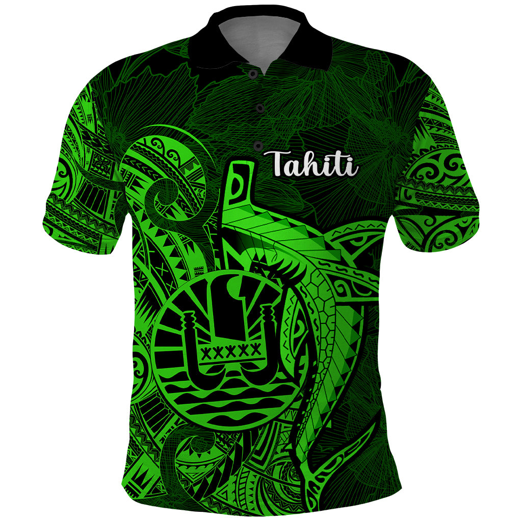 French Polynesia Tahiti Polo Shirt Polynesian Shark Tattoo With Hibiscus Green Version LT14 Green - Polynesian Pride
