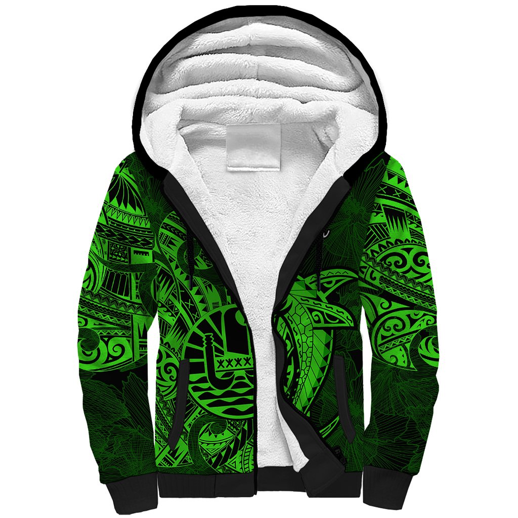 French Polynesia Tahiti Sherpa Hoodie Polynesian Shark Tattoo With Hibiscus Green Version LT14 Unisex Green - Polynesian Pride