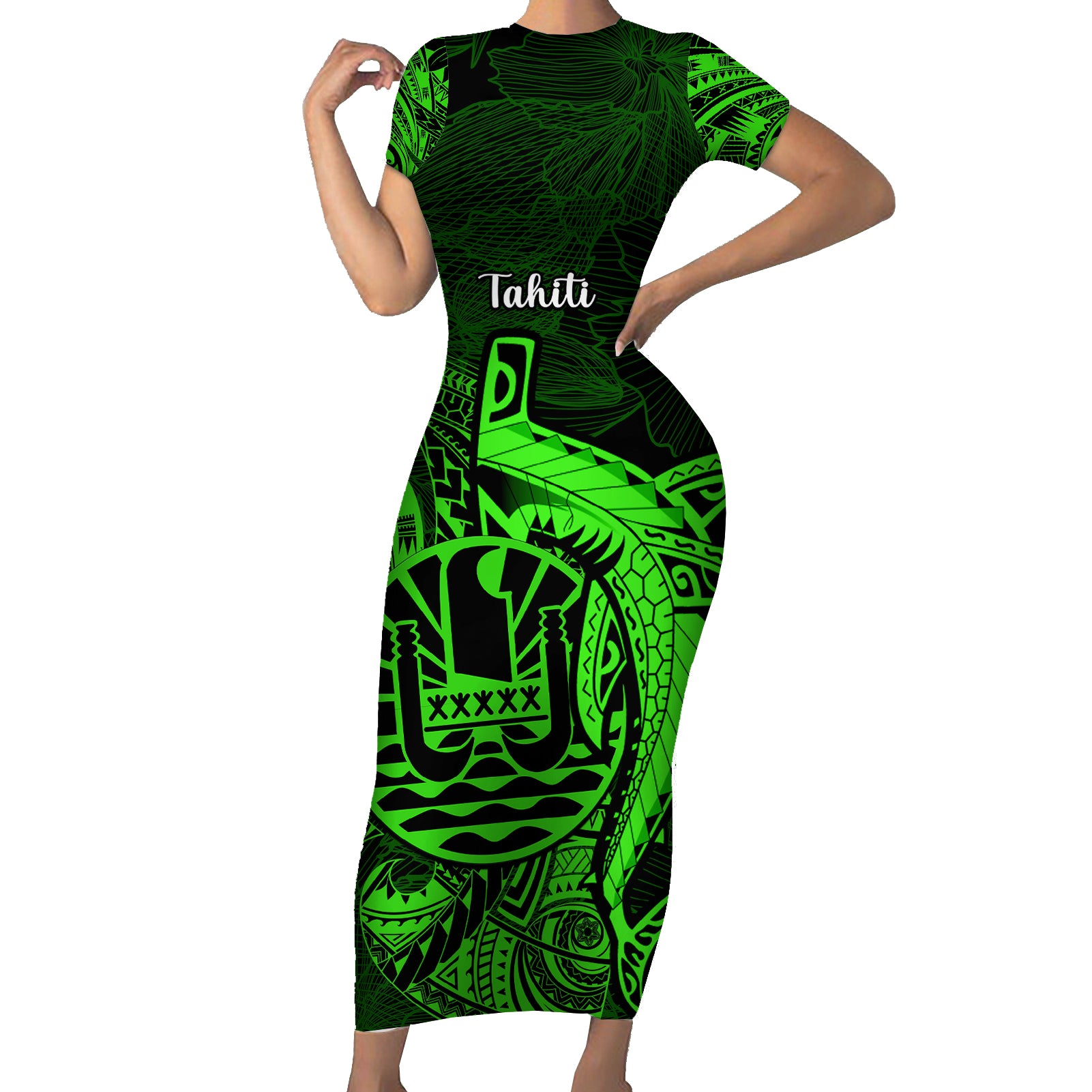 French Polynesia Tahiti Short Sleeve Bodycon Dress Polynesian Shark Tattoo With Hibiscus Green Version LT14 Long Dress Green - Polynesian Pride