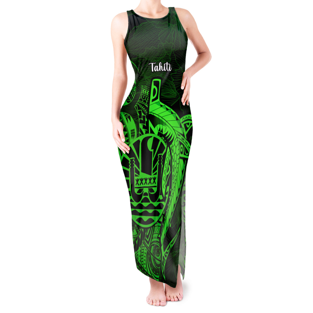 French Polynesia Tahiti Tank Maxi Dress Polynesian Shark Tattoo With Hibiscus Green Version LT14 Women Green - Polynesian Pride
