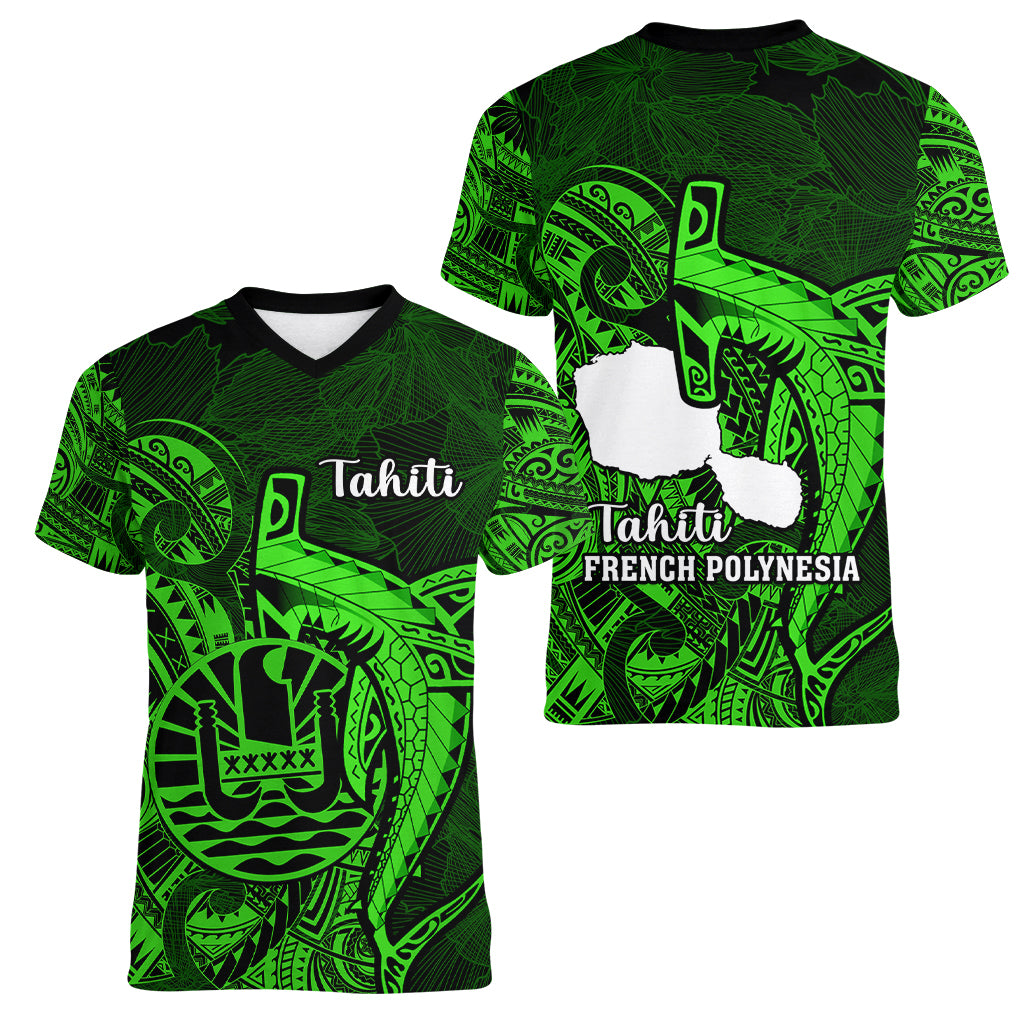French Polynesia Tahiti Women V Neck T Shirt Polynesian Shark Tattoo With Hibiscus Green Version LT14 - Polynesian Pride