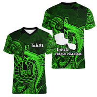 French Polynesia Tahiti Women V Neck T Shirt Polynesian Shark Tattoo With Hibiscus Green Version LT14 - Polynesian Pride