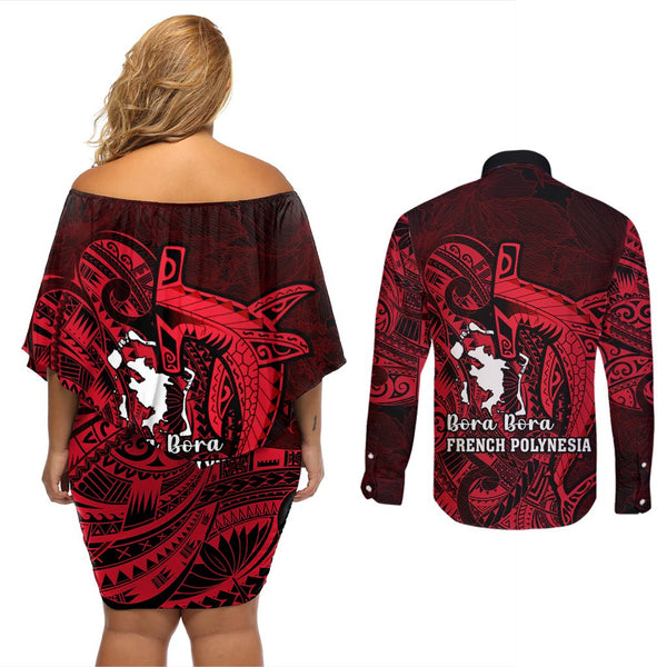 French Polynesia Bora Bora Couples Matching Tank Maxi Dress and Long Sleeve Button Shirts Polynesian Shark Tattoo With Hibiscus Red Version LT14