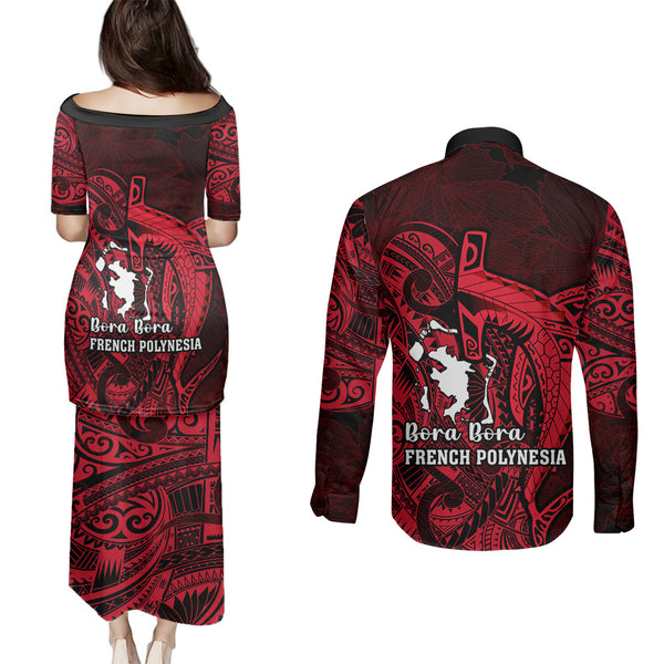 French Polynesia Bora Bora Couples Matching Summer Maxi Dress and Long Sleeve Button Shirts Polynesian Shark Tattoo With Hibiscus Purple Version LT14 main image 1