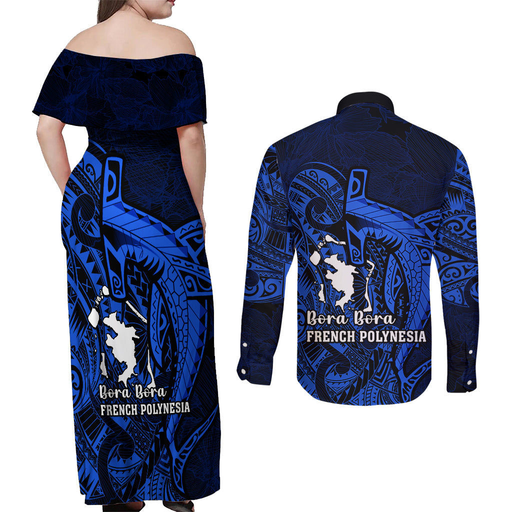 French Polynesia Bora Bora Couples Matching Off Shoulder Maxi Dress and Long Sleeve Button Shirts Polynesian Shark Tattoo With Hibiscus Blue Version LT14 - Polynesian Pride