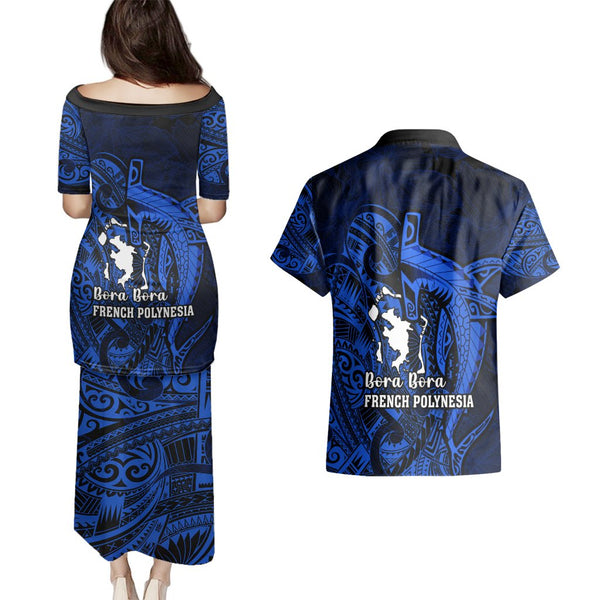 French Polynesia Bora Bora Couples Matching Off Shoulder Short Dress and Hawaiian Shirt Polynesian Shark Tattoo With Hibiscus Blue Version LT14 main image 1