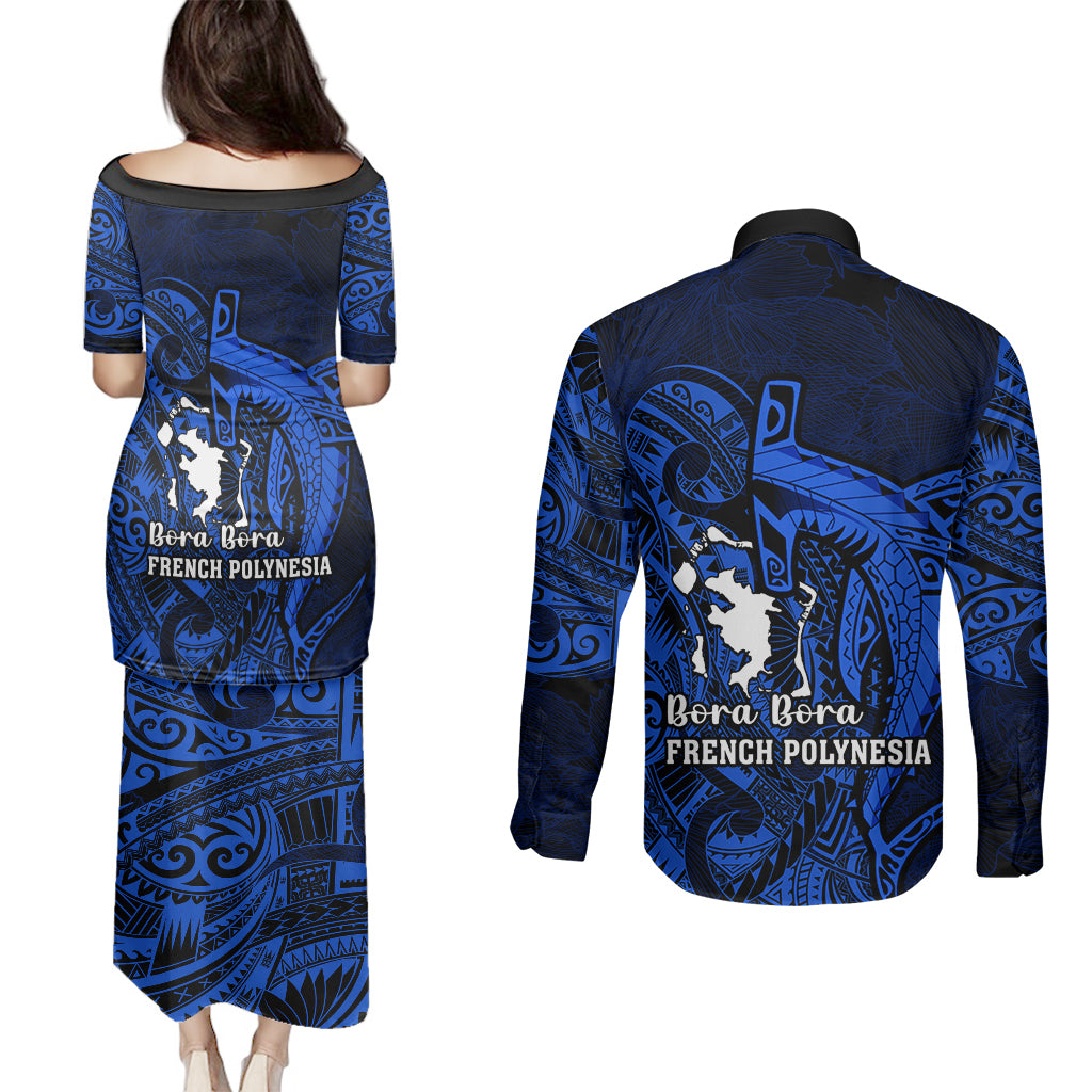 French Polynesia Bora Bora Couples Matching Puletasi Dress and Long Sleeve Button Shirts Polynesian Shark Tattoo With Hibiscus Blue Version LT14 - Polynesian Pride