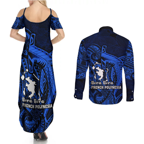 French Polynesia Tahiti Couples Matching Summer Maxi Dress and Long Sleeve Button Shirts Polynesian Shark Tattoo With Hibiscus Blue Version LT14 main image 1